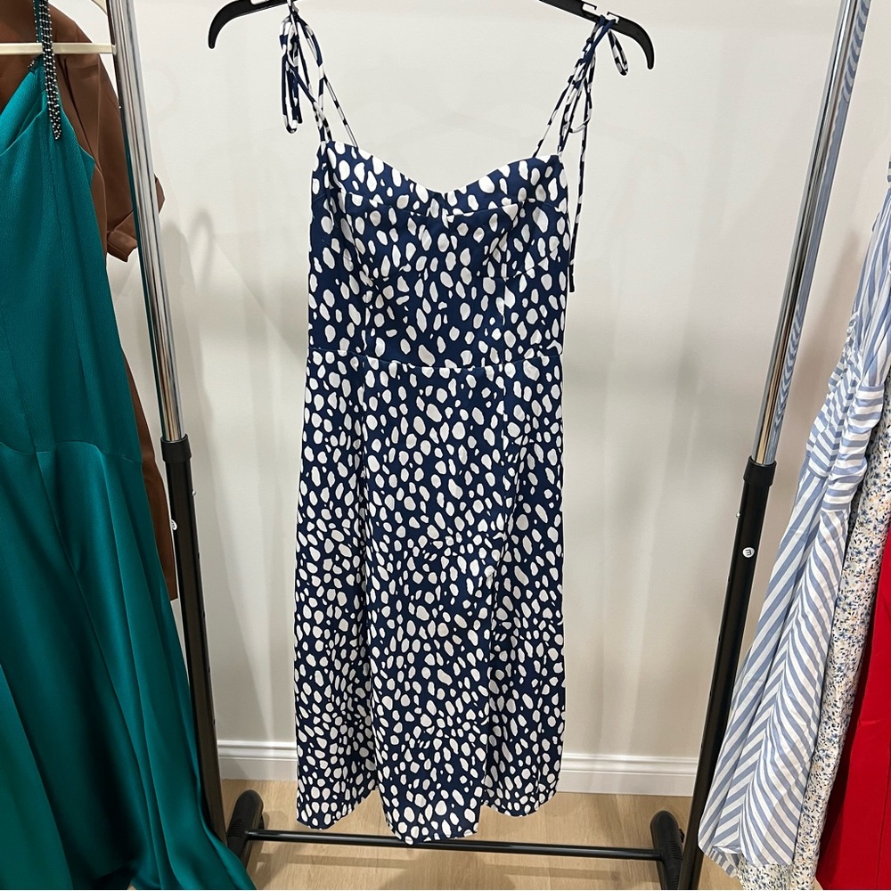 Navy Blue Spotted Tie-Strap Midi Dress